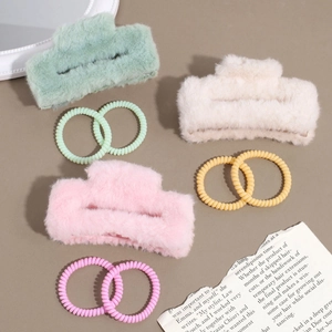 Kit élégant de pinces à cheveux en peluche et élastiques spirales en rose et menthe