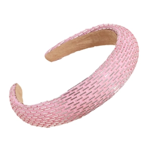 Baroque pink padded headband with metallic silver beads and mesh design on white background