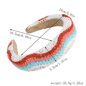 Detailed view of bohemian knitted headband with multi-color waves and size specifications