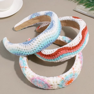 Bohemian Knitted Flower Wide Headband Handmade Crochet Waves Pattern Hair Band For Women Girls Fashion Hair Accessories