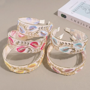 Embroidered Leaf Mesh Wide Headband With Sequins Boho Ethnic Style Elegant Hair Hoop Fashion Hair Accessories For Women