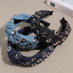 Serre-tête Rétro en Denim pour Femmes Bandeau Large Noué avec Oeillets Métalliques Argentés Accessoire de Coiffure Mode Quotidienne