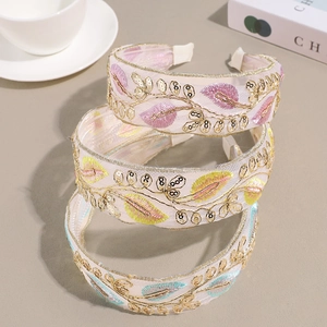 Ethnic style wide leaf embroidery headband with gold sequins on beige mesh fabric