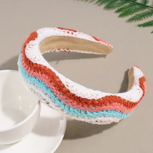 Bohemian style knitted flower wide headband with colorful wavy crochet patterns