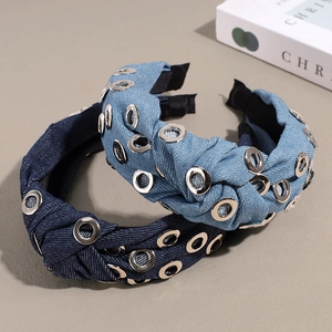 Lot de deux serre-têtes en denim noués avec œillets métalliques bleu et clair