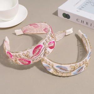 Set of two wide leaf embroidery headbands with sequins and elegant ethnic style patterns
