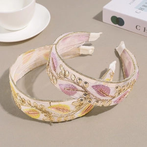 Set of two leaf embroidery headbands with sequins and golden edges on mesh fabric