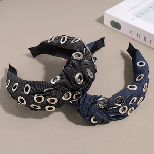 Lot de serre-têtes larges en denim noué avec œillets métalliques en noir et bleu foncé