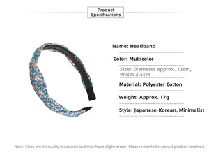 Détails du serre-tête fleuri à nœud avec dimensions 12cm de diamètre et 2,5cm de large