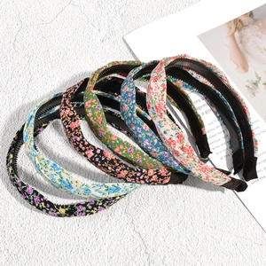 Bandeau à Nœud Floral Coréen Pour Femmes Dents Antidérapantes Bandeau à Cheveux Enveloppé de Tissu Imprimé Fleurs Pastorales Doux Accessoires