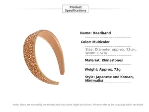 Detail view of champagne rhinestone headband with dimensions 13cm diameter and 3.5cm width