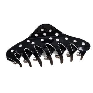 Polka dot large hair claw clip in black and white finish for thick hair styling