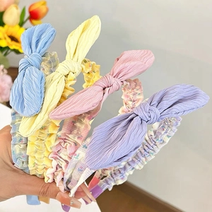 Sweet rabbit ear headband set with pleated floral patterns in pastel candy colors