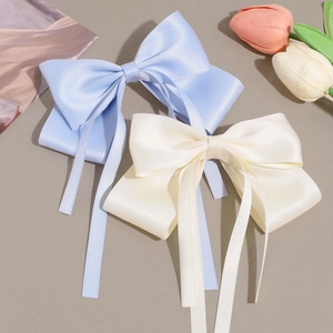 Barrettes à cheveux élégantes en satin avec nœuds bleu clair et crème et longs rubans
