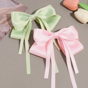 Barrettes à cheveux élégantes avec grand nœud en soie et longs rubans rose et vert
