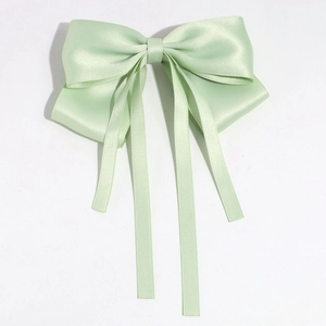 Détail du nœud papillon en satin vert clair avec de longs rubans soyeux élégants