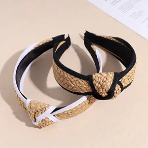 Minimalist straw woven knot headbands with contrast fabric edges in two-piece set