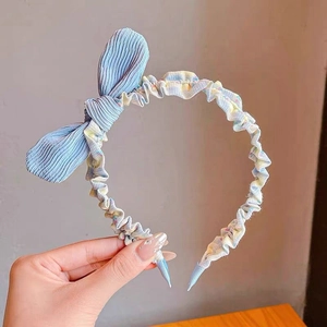 Sweet light blue corduroy bow headband with floral print pleated fabric for women