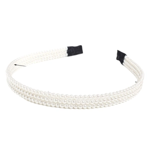 Serre-tête élégant à trois rangées de perles blanches avec embouts en tissu noir