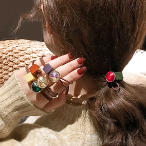 Set of Korean style elastic hair ties with colorful crystal cubes and sparkling rhinestones