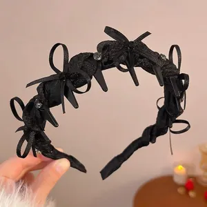 Black Bow Headband Satin Fabric Rhinestone High Cranial Top Hair Hoop With Fixing Teeth Fashion Hair Accessories Women