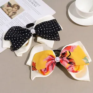 Large Bow Hair Claw Clip Satin Fabric Faux Artificial Pearl Sweet Elegant Hair Accessory For Women Polka Dot Floral Style