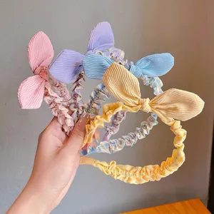 Sweet Bow Headband For Girls Kids Candy Color Pleated Fabric Floral Plaid Print Hair Hoop Handmade Daily Hair Accessories