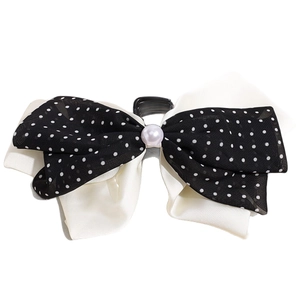 Elegant double-layered bow hair claw with white satin and polka dot mesh and pearl accent