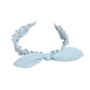 Sweet light blue pleated bow headband with plaid lining and elegant candy color design
