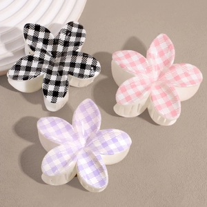 Floral hair claw clips with classic gingham patterns in black, pink and purple colors