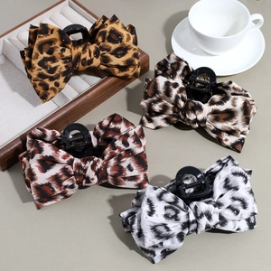 Vintage Large Leopard Print Bow Hair Claw Clip Fabric Butterfly Hair Catch Clip Rhinestone Fashion Hair Accessories For Women