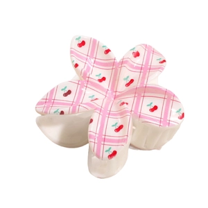 Pince à cheveux fleur avec imprimé cerise et motif à carreaux roses pour femmes