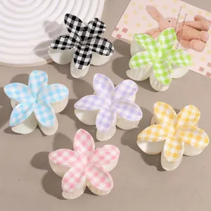 Sweet Flower Hair Claw Clips With Gingham Checkered Pattern Plastic Hair Accessories For Women Floral Hair Clips Party Decoration