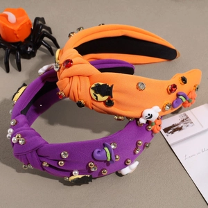 Fashionable Halloween wide knotted headbands with rhinestones, pearls, pumpkin and ghosts