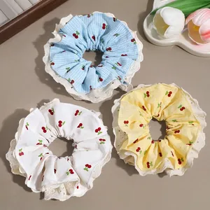 Sweet Cherry Print Plaid Lace Scrunchies Sherpa Fabric Hair Ties For Women Summer Fresh Style Ponytail Holder Hair Accessories