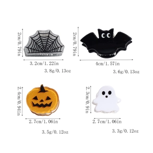 Detailed size chart showing dimensions and weight of Halloween bat, pumpkin, and ghost hair clips