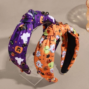 Serre-têtes noués d'Halloween avec motifs citrouille et fantôme et strass colorés