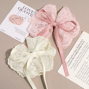 Elegant lace bow hair clips in pink and cream with embroidered ribbons and spring clips