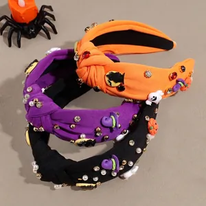 Halloween Knotted Headband For Women Wide Fabric Hair Band With Rhinestone Artificial Pearl Pumpkin Ghost Bat Witch Hat Headwear