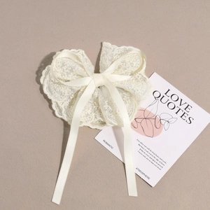 Elegant white lace bow hair clip with embroidery and long ribbon tassels for women
