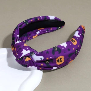 Serre-tête d'Halloween violet à nœud large avec motifs de citrouilles et de fantômes