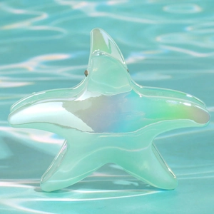 Dettaglio macro della pinza per capelli a stella marina iridescente con finitura perlata