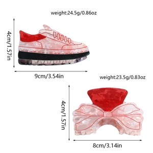 Detailed dimensions of pink marble acrylic sneaker and bow hair claws with weights