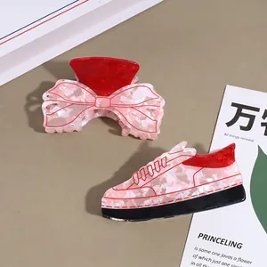 Creative Pink Acrylic Bow Sneaker Shaped Hair Claw Clips Sweet Floral Pattern Shark Clips Elegant Hair Accessories For Women