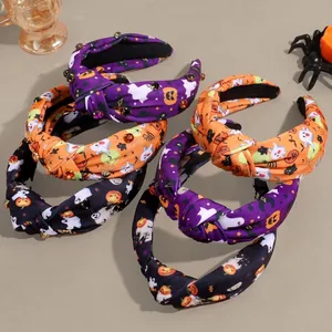 Bandeau à Large Bord Noué en Strass pour Halloween pour Femmes Accessoire de Cheveux en Tissu Imprimé Citrouille Fantôme Mode Fête Bijoux