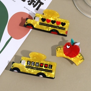 Set of acrylic school bus and apple hair claws with marble texture for back to school style