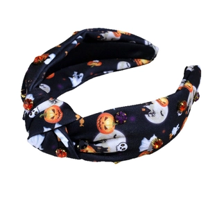 Serre-tête noué d'Halloween tendance avec motifs de citrouilles fantômes et strass