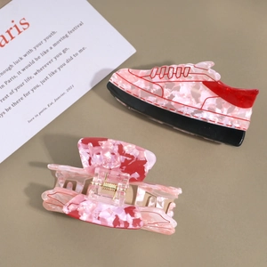 Pink marble acrylic bow hair claw set with creative sneaker shape and square shark clip
