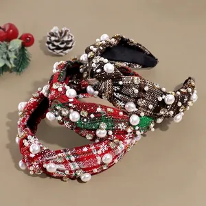 Christmas Plaid Knotted Headband With Artificial Pearls And Rhinestones Snowflake Pattern Fashion Hair Accessories For Women Party