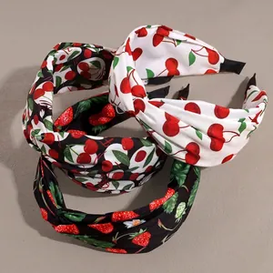 Sweet Fruit Print Wide Fabric Headband Strawberry Cherry Pattern Bowknot Cross Knot Hairband Fashion Hair Accessories For Women